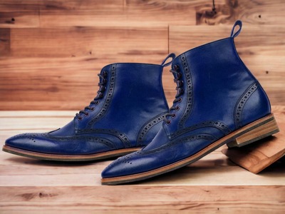 Handpainted Men's Blue Leather Lace up Wing Tip Brogue Boot
