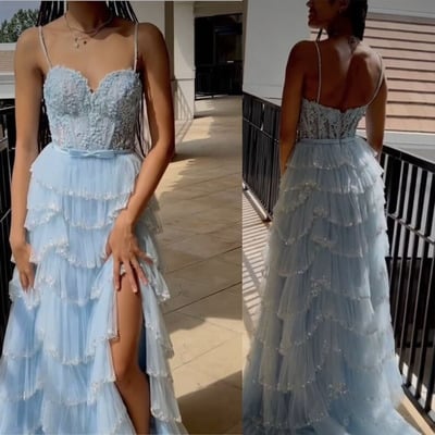 Sky blue prom dresses with beaded - Thumbnail 1