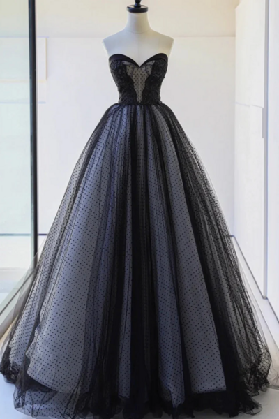 Lovely Black Strapless Tulle Lace Long Prom Dress, A Line Sweetheart Neck Evening Party Dress KPP1764