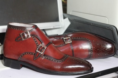 Handmade Burgundy Double Buckle Brogue Men's Leather Boot