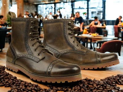 Handpainted Men's Brown Leather Laceup Cap Toe Ankle Boot