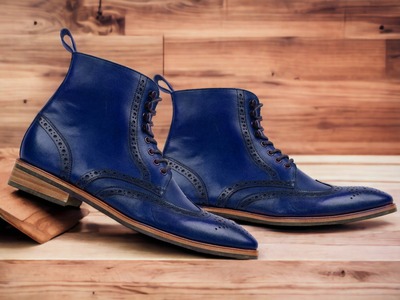 Men's Blue Leather Lace up Wing Tip Brogue Handpainted Boot