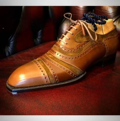 Handmade Mens Brown Calf and Brown Suede Leather Dress Formal Shoes, Men Classic Oxford Lace up Shoes