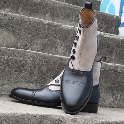 Crafted leather men black leather and white suede button ankle high boot - Thumbnail 5