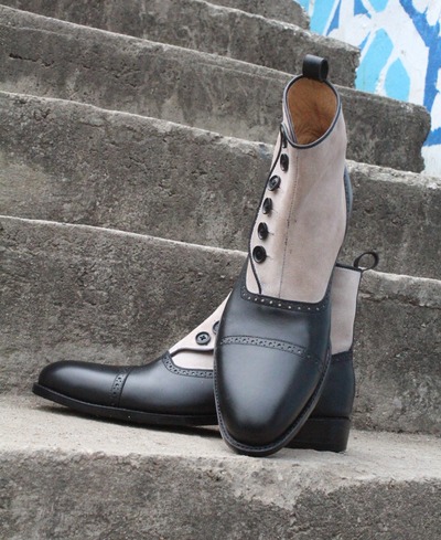 Crafted Leather Men Black Leather and White Suede Button Ankle High Boot