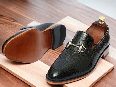 Men's Black Python Leather Horse Bit Handmade Loafer Shoes
