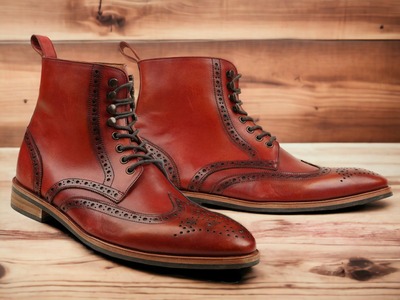 Handpainted Red Leather Lace Up Wing Tip Brogue Men's Boot