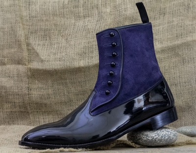 Men's Black Leather & Blue Suede Handpainted Button Boot