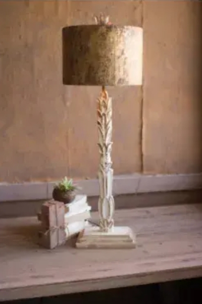 Table Lamp - Carved Wooden Base With Rustic Metal Shade 14"D X 40"T - CCG1572