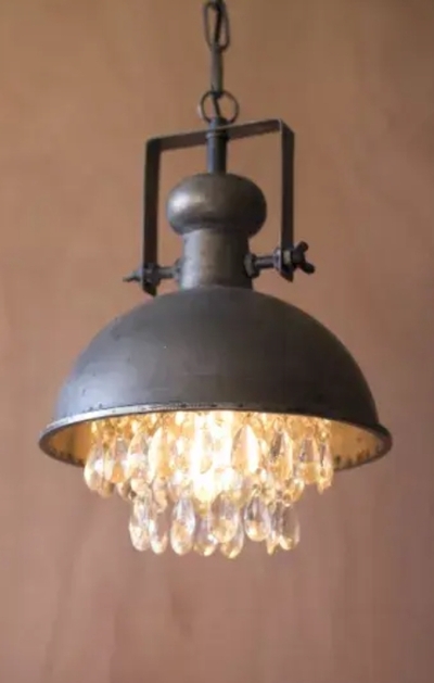 Metal Pendant Lamp With Hanging Gems 10"D X 13.5"T - CLL1122