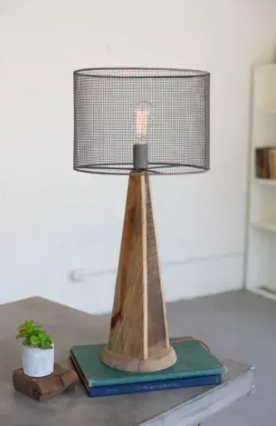 Table Lamp - Mesh Shade With Wooden Base. Tall 14"D X 31"T - CQ7366