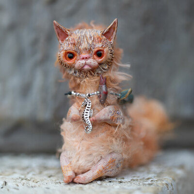 Orange Cat Art Doll, Unique and one of a kind mixed media artdoll made from polymer clay, fabric, and other materials