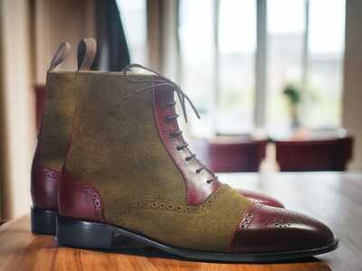 Handmade Men's Brown Suede & Red Leather Laceup Cap Toe Ankle Boot