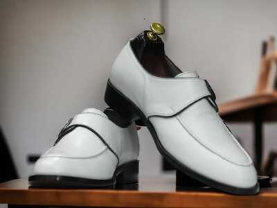 Men's Handmade White Color Dress Fashion Monk Strap Leather Shoes