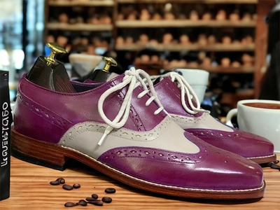 Handmade Men's Two Tone Leather Laceup Wing Tip Dress Shoes