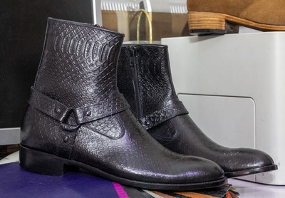 Handmade Men's Black Leather Harness Zipper Ankle High Boot