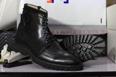 Men's Black Leather Lace Up Wing Tip Chunky Sole Handmade Ankle Boot