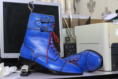 Handmade Men's Blue Double Monk Buckle Lace Up Cap Toe Leather Ankle Boot