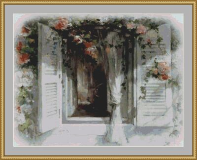 Rose Covered Shutters Cross Stitch Pattern