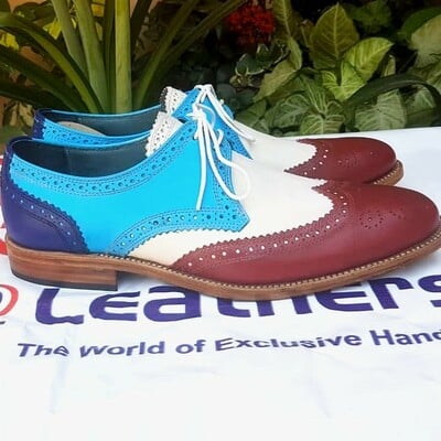 Crafted Leather Tri Tone Classic Wingtip Lace up Dress Wedding Shoes