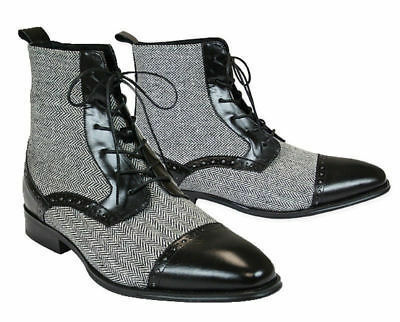 Handmade Men two tone cap toe boots, Men Black and Gray ankle lace up boots