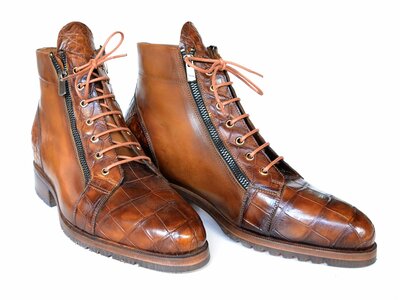 New Handmade Men's Paul Parkman Brown Genuine Crocodile & Calfskin Side Zipper Boots