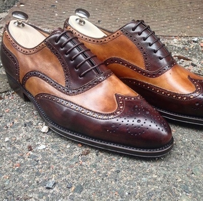 Maroon Tan Genuine Premium Leather Men Handmade Wing Tip Oxford Stylish Shoes