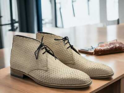 Handmade Skin Men's python Leather Lace up Chukka Ankle Boot