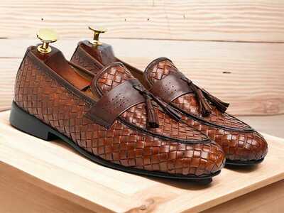 Handmade Men's Loafer Brown Tassel Apron Toe Woven Leather Fashion Designer Shoes