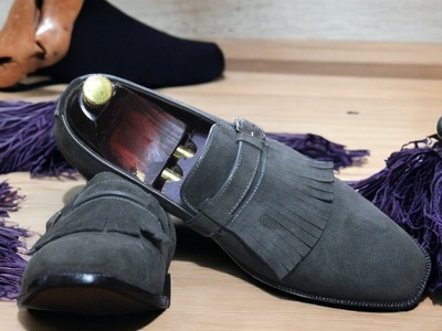 Men's Gray Singal Monk Buckle Suede Fringe Formal Handmade Shoes