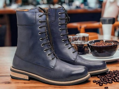 Men's Blue Laceup Zipper Leather Ankle High Handmade Boot