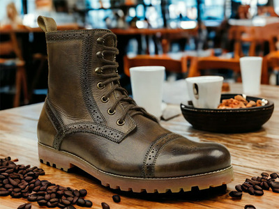 Handmade Men's Vintage Brown Cap Toe Lace Up Leather Boot, Rubber Sole Boot