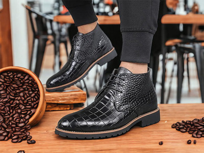Handmade Men's Black Alligator Print Leather Laceup Dress Shoes