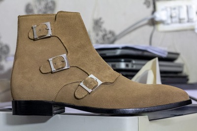 Handmade Men's Brown Suede Triple Buckle Monk Zipper Ankle Boots