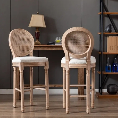 French Country Wooden Barstools Rattan Back With Upholstered Seating - W21236874