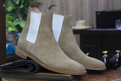 Handmade Men's Beige Suede Chelsea Ankle Boots