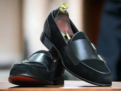 Handmade Men's Blue Double Buckle Alligator Print Leather Dress Shoes