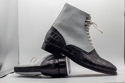 Handpainted Men's Two Tone Alligator Print Leather & Suede Lace Up Ankle Boots