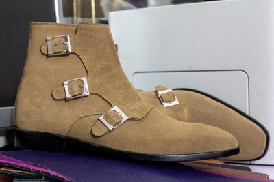 Men's Brown Suede Handmade Triple Buckle Monk Suede Zipper Ankle Boots