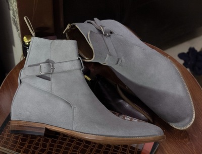 Handmade Men's Gray Suede Singal Monk Buckle Ankle Boots