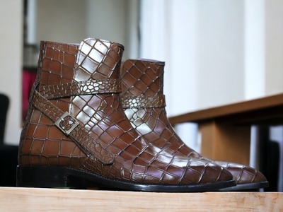 Handmade Men's Brown Alligator Print Leather Jodhpur Fashion Ankle Boot