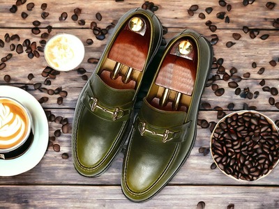 Men's Green Horse Bit Loafer Chunky Sole Slip on Formal Handmade Shoes