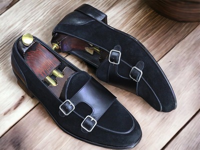 Handmade Men's Black Leather & Suede Double Buckle Loafer Formal Shoes