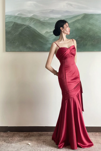 Wine Red Satin Straps Long Evening Dress Prom Dress, Wine Red Party Dress KPP1770