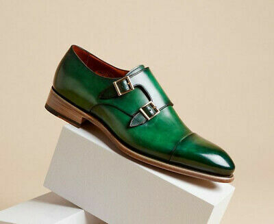 Burnished Cap Toe Green Tone Men Buckle Straps Leather Monk Tan Sole Shoes