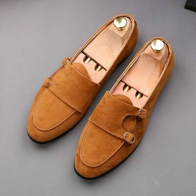 Men Tan Tone Apron Toe Premium Leather Double Buckle Straps Monk Handmade Shoes
