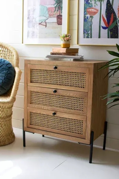 Wood Bedside Table With Three Woven Cane Drawers - CHH1390