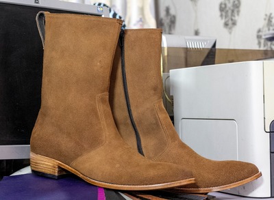 Men's Brown Suede Zipper Long Handmade Ankle High Boots