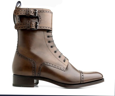 Handmade Men's Brown Leather Lace Up Cap Toe Double Monk Buckle Ankle High Boots