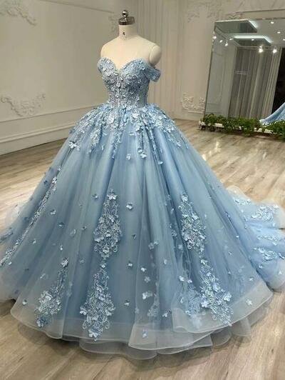 Mermaid Blue Tulle Lace Long Prom Dresses Sweet 16 Dresses